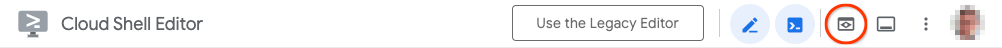 Cabeçalho do editor do Cloud Shell com o botão de visualização da Web destacado