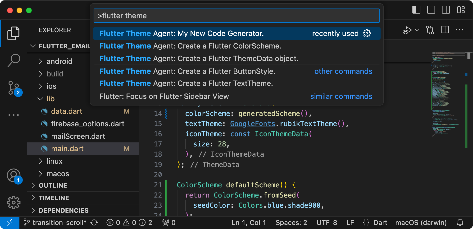 Screenshot of Flutter Theme Agent with new command visible