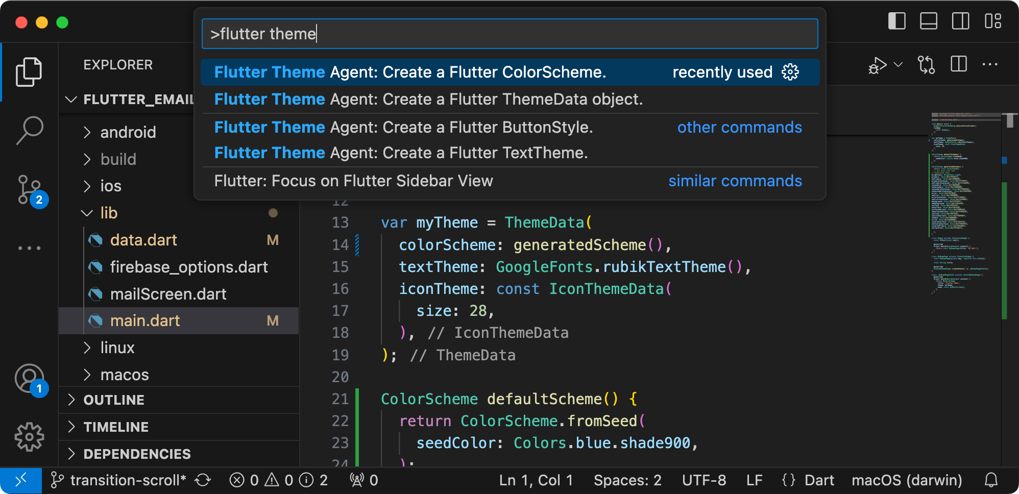 لقطة شاشة لـ Flutter Theme Agent قيد التشغيل في VS Code