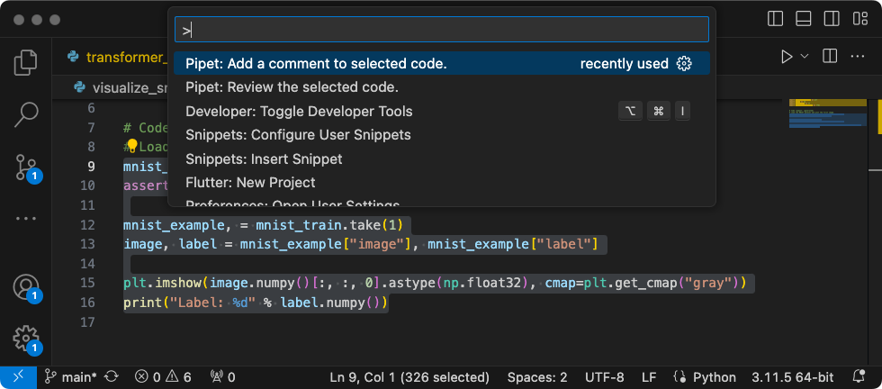 在「Extension Development Host」(擴充功能開發主機) 視窗中執行的 Pipet Code Agent