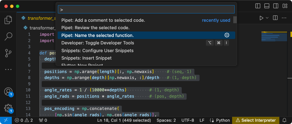 Pipet Code Agent with the Name the selection function shown