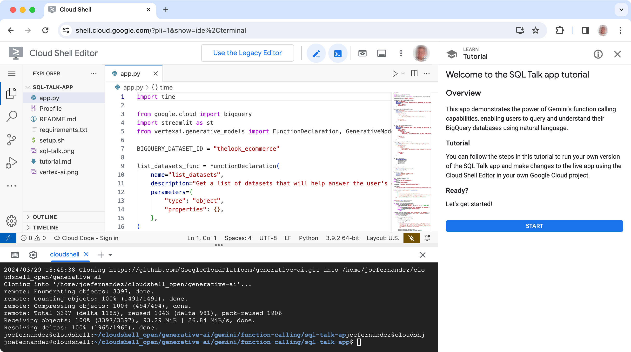 Google Cloud Shell Editor with the SQL Talk project code shown