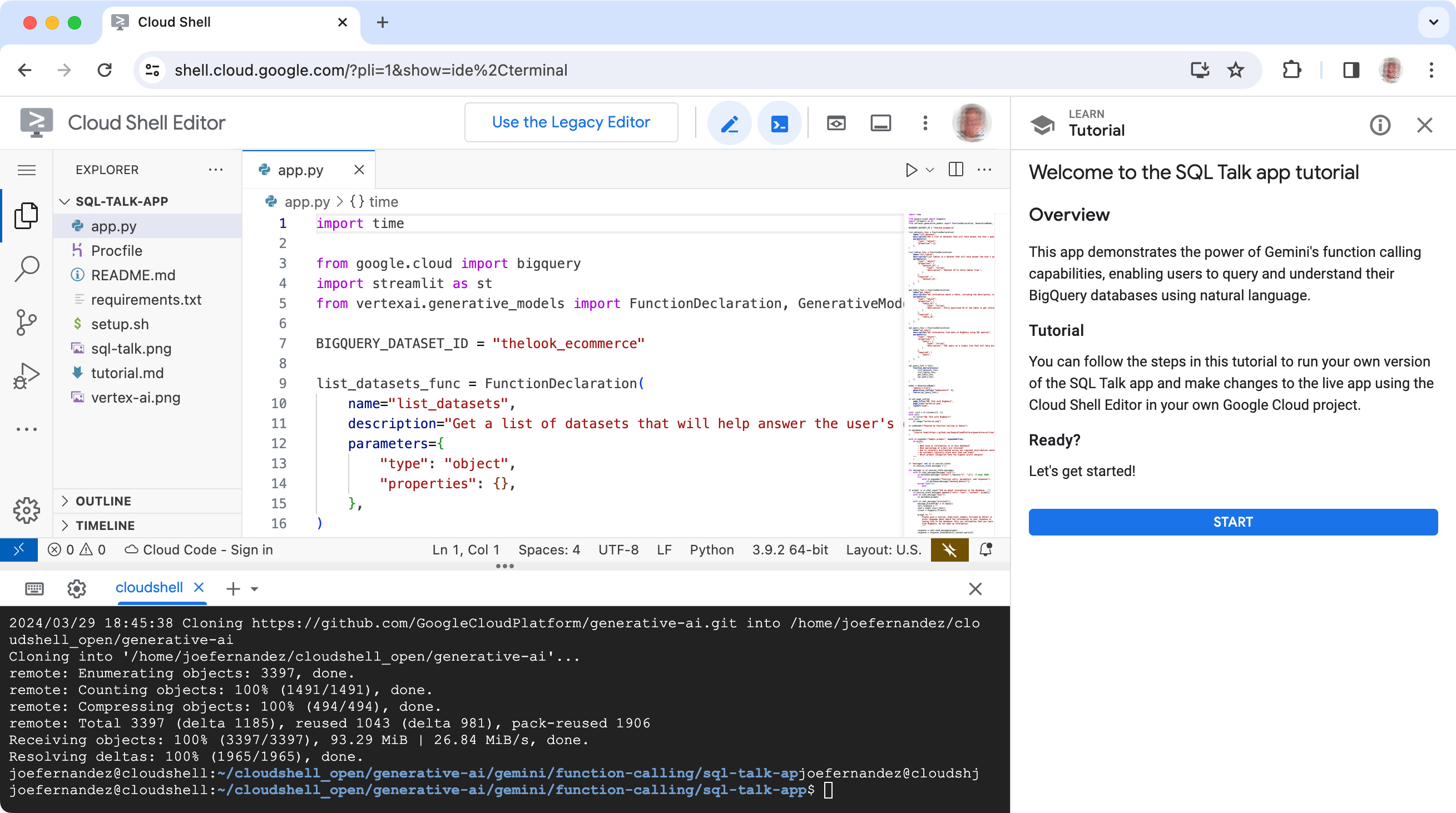 Editor do Google Cloud Shell com o código do projeto SQL Talk mostrado