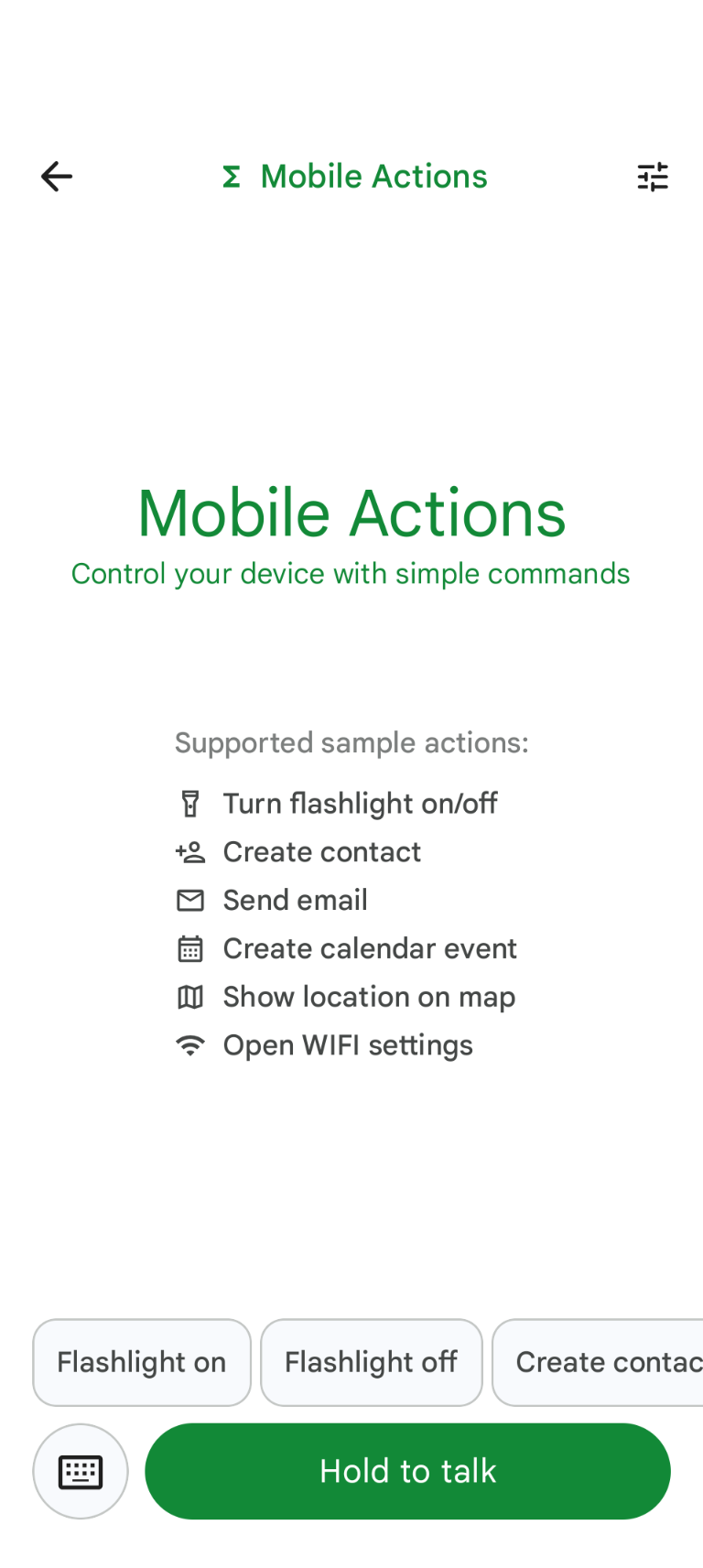משימת Mobile Actions בגלריית Google AI Edge API