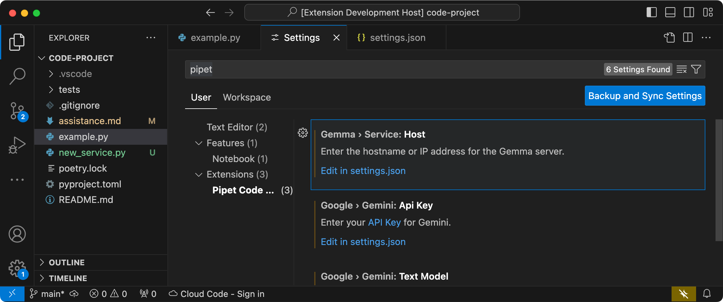 Pipet Code Agent, der im Fenster „Extension Development Host“ ausgeführt wird