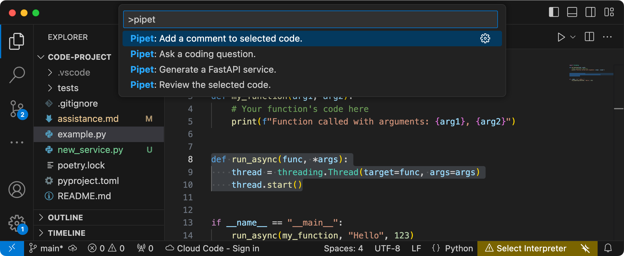 Screenshot der Benutzeroberfläche der VS Code-Erweiterung
