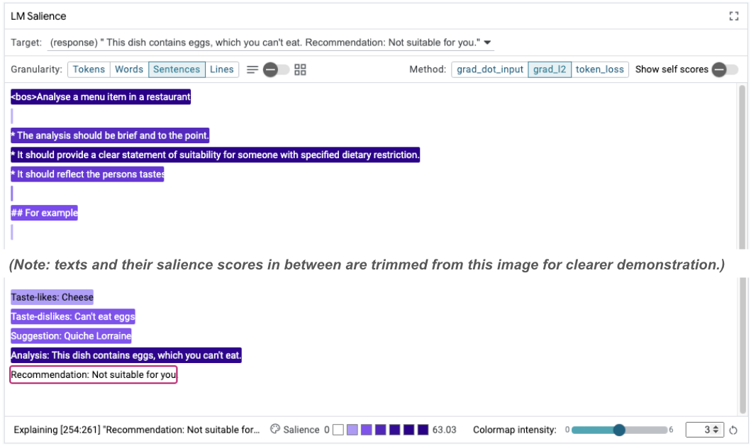 Interfaz de usuario de LIT que muestra el análisis de relevancia de instrucciones