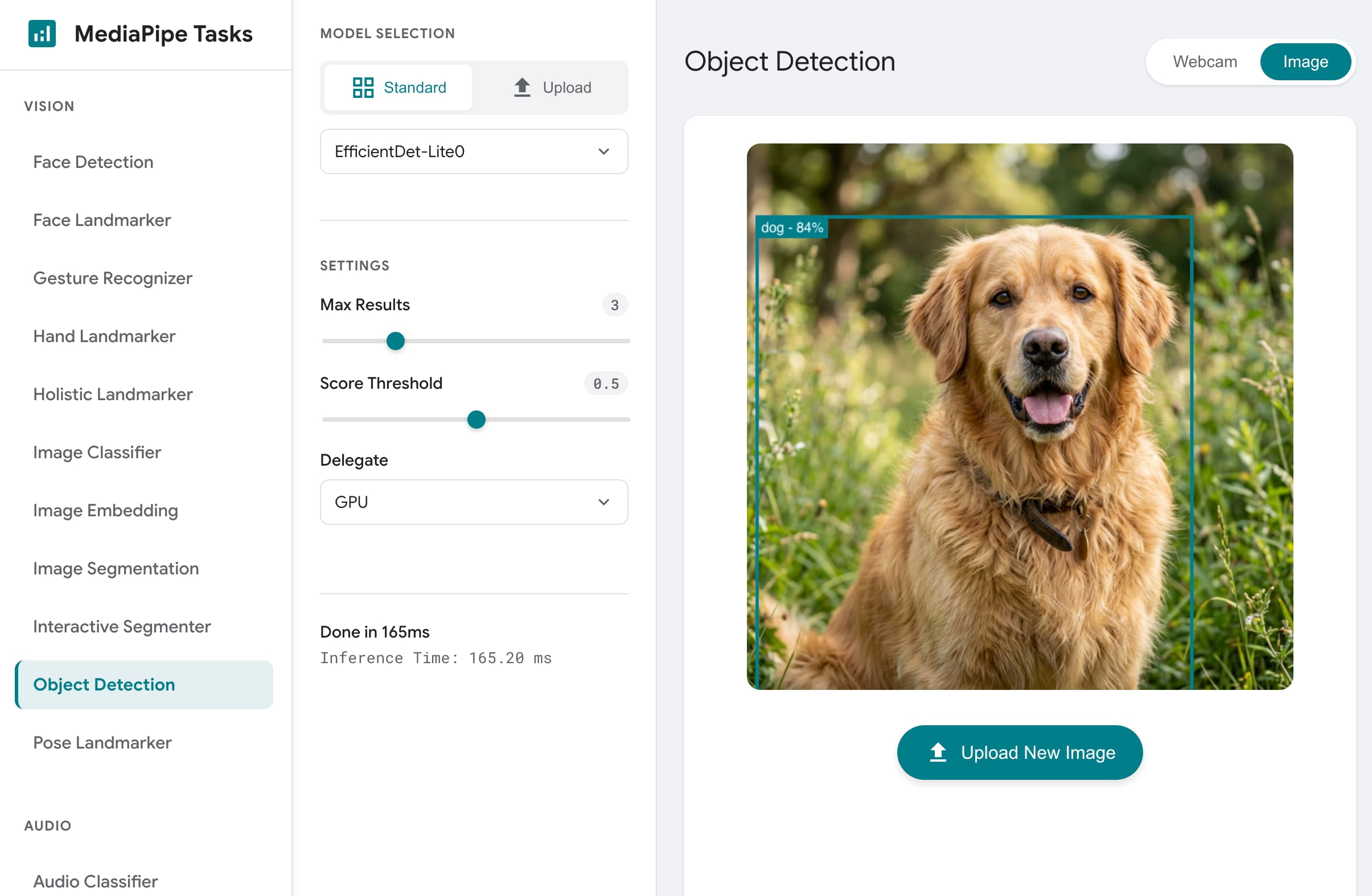 Capture d'écran de l'application Web MediaPipe Studio