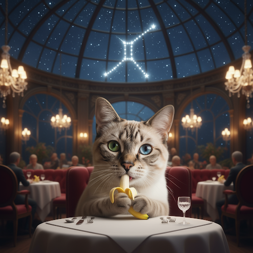 Imagem gerada com IA de um gato comendo uma banana anano