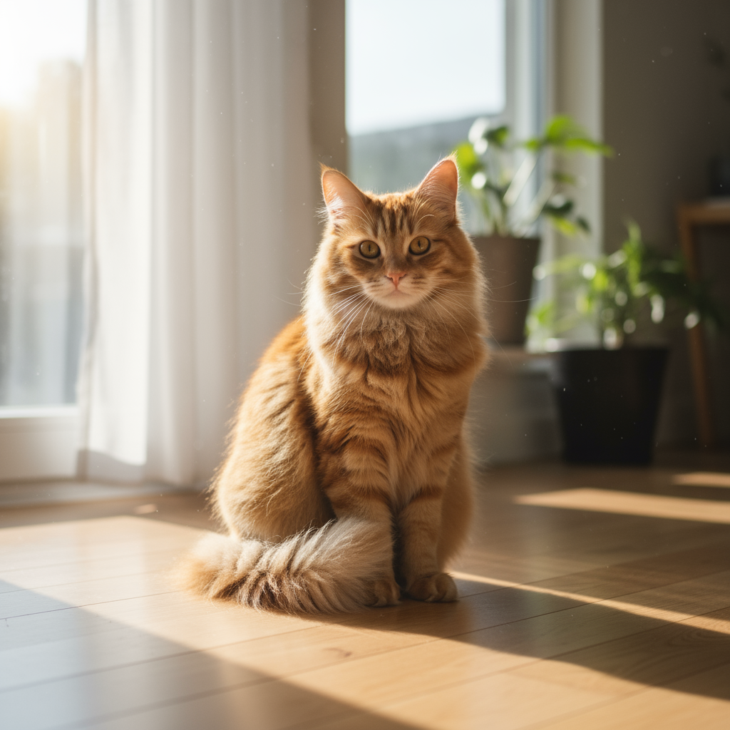ふわふわの茶トラ猫のリアルな写真。