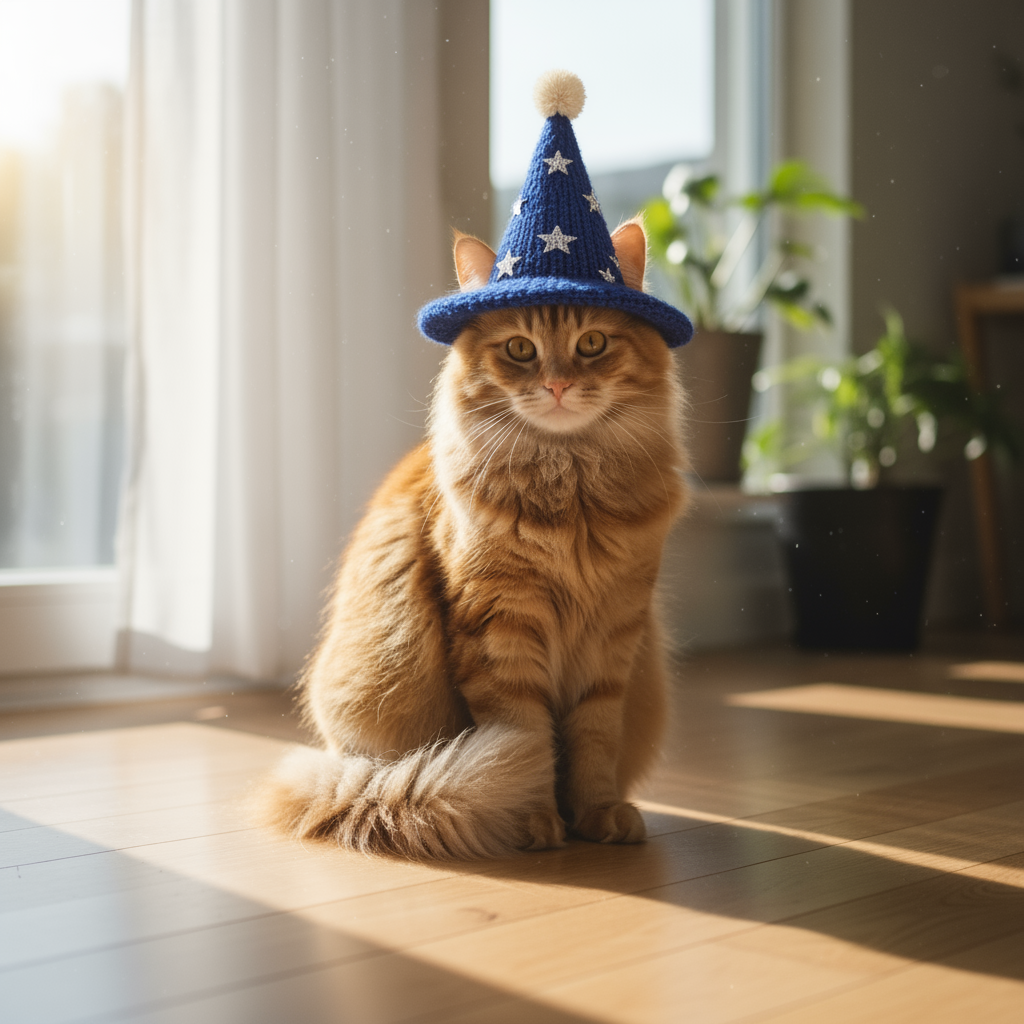 Используя предоставленное изображение моей кошки, пожалуйста, добавьте маленькую вязаную шляпу волшебника...