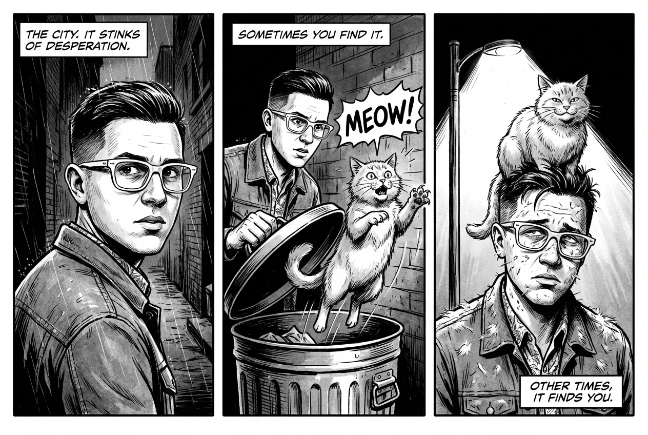 Make a 3 panel comic in a gritty, noir art style...