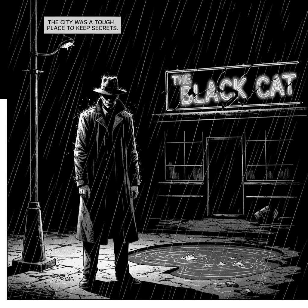 Una singola vignetta di un fumetto in uno stile artistico noir e crudo…