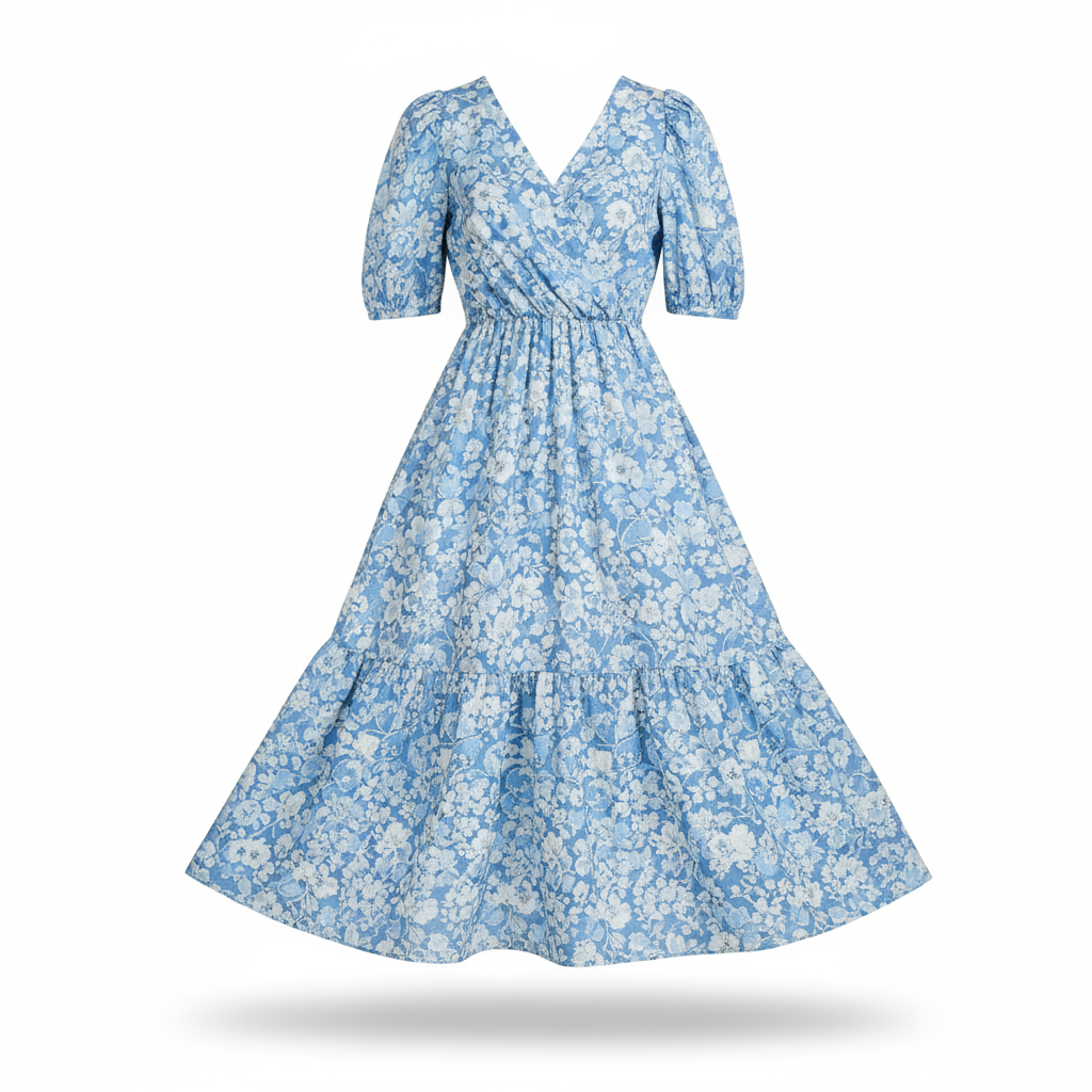 A professionally shot photo of a blue floral summer dress...