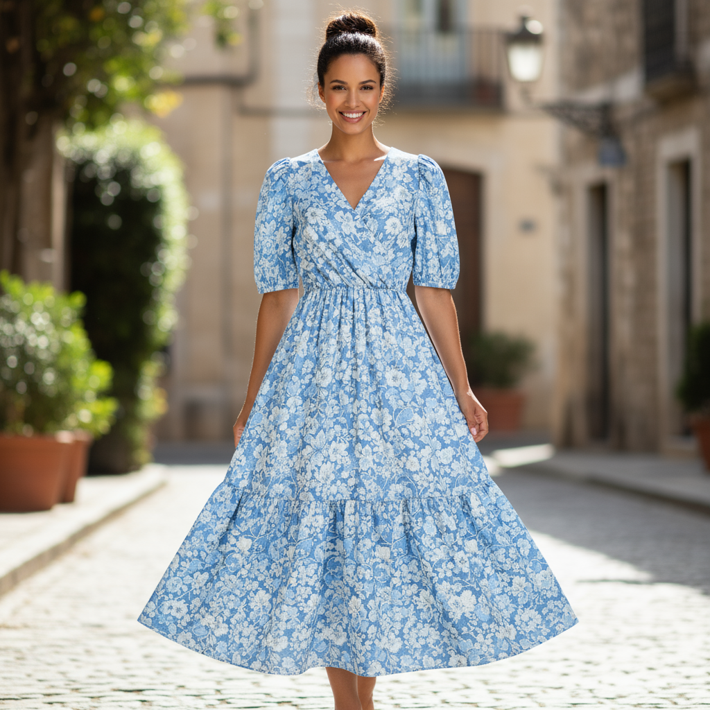 Uma mulher usando um vestido de verão azul floral em um ambiente ao ar livre
