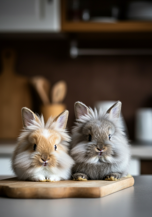 Imagen generada por IA de dos conejos peludos en la cocina