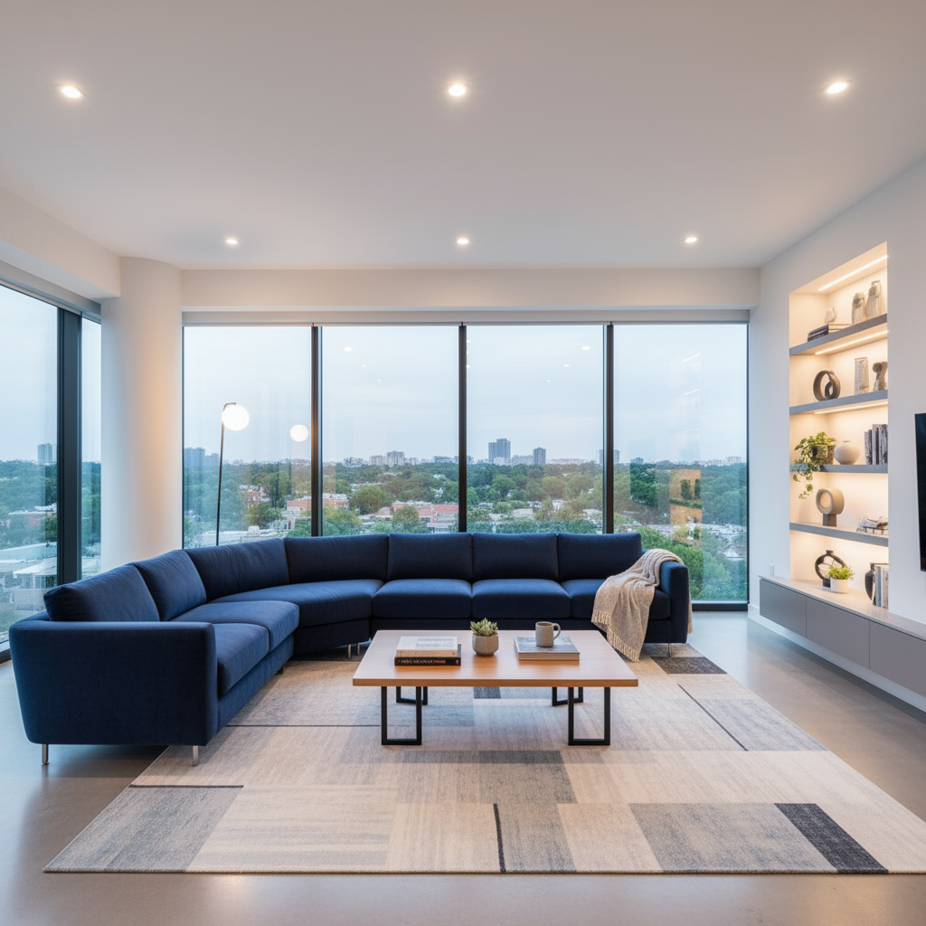 Un plano general de una sala de estar moderna y bien iluminada…