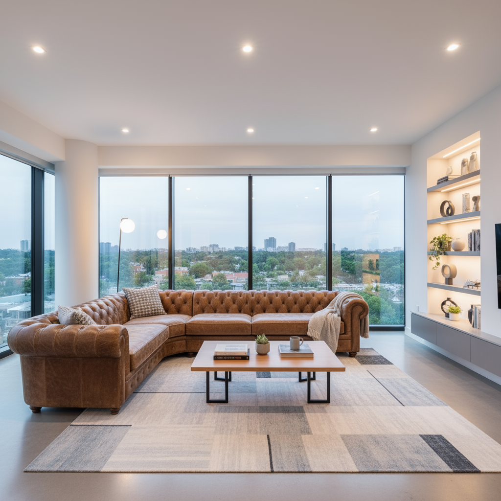 Dựa vào hình ảnh phòng khách được cung cấp, hãy chỉ thay đổi chiếc ghế sofa màu xanh dương thành chiếc ghế sofa Chesterfield bằng da màu nâu theo phong cách cổ điển...