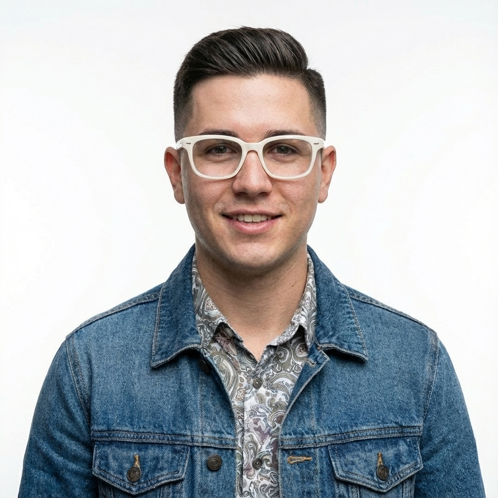 Ausgabe eines Mannes mit weißer Brille, der nach vorn schaut