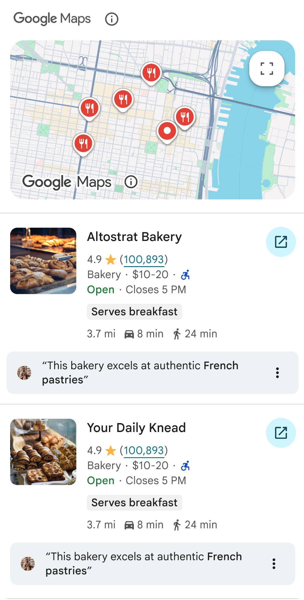 Ejemplo de un widget de Maps cuando se renderiza