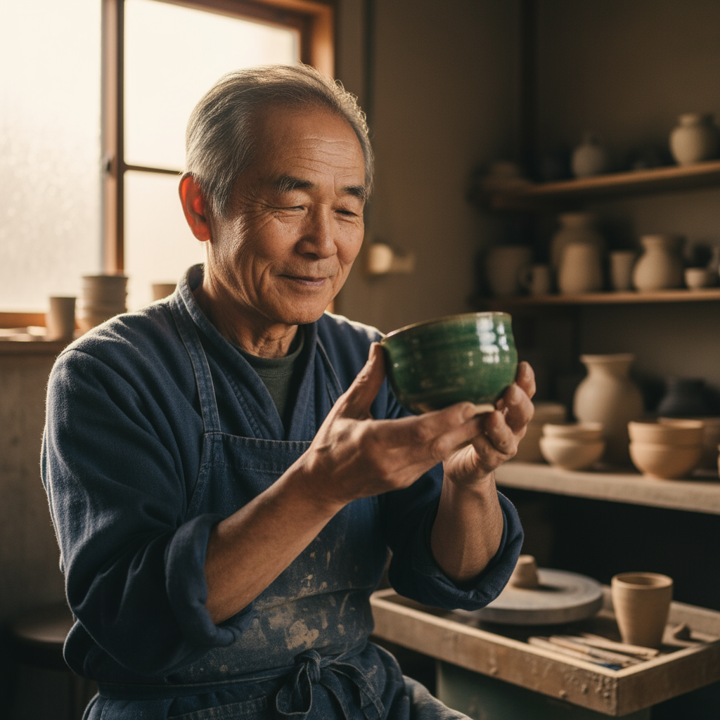 日本の高齢の陶芸家のリアルなクローズアップ ポートレート...