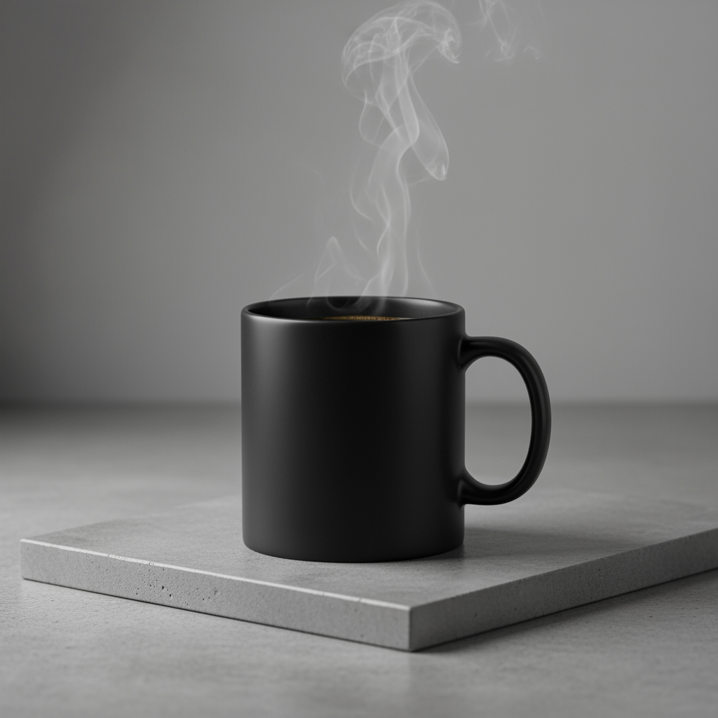 Foto produk beresolusi tinggi yang diterangi studio, berupa cangkir kopi keramik minimalis...