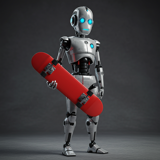 Imagem gerada por IA de um robô segurando um skate vermelho