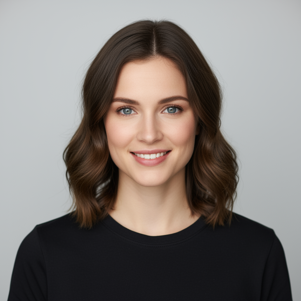 Ein professionelles Porträt einer Frau mit braunen Haaren und blauen Augen…