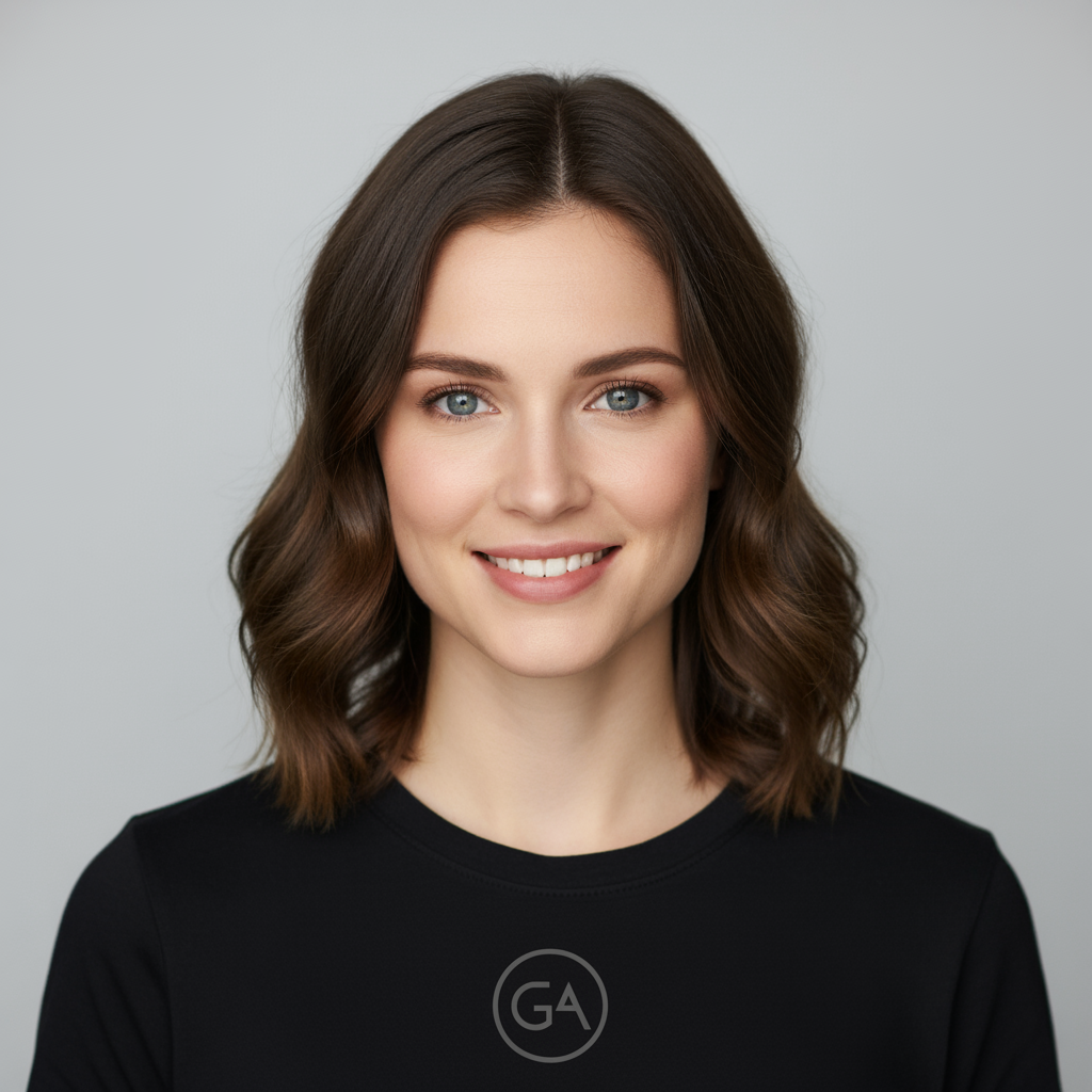 Ambil gambar pertama wanita dengan rambut cokelat, mata biru, dan ekspresi netral...
