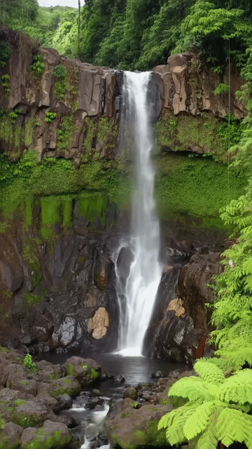 Una maestosa cascata hawaiana in una lussureggiante foresta pluviale.
