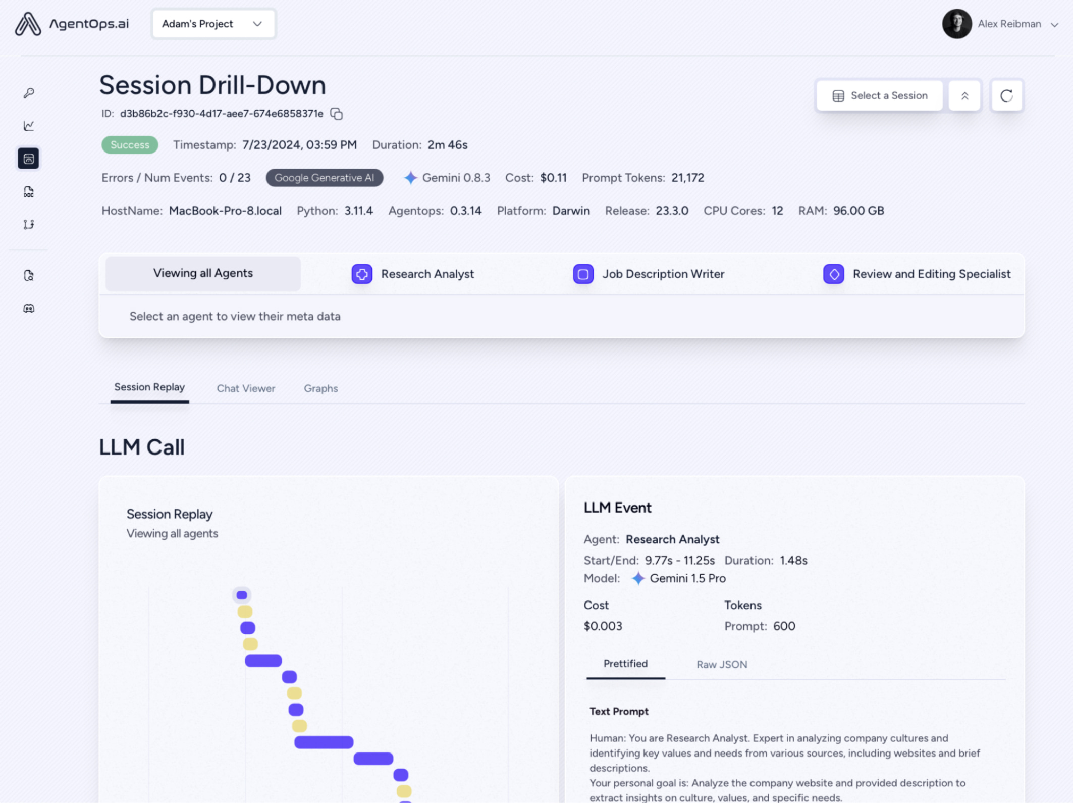 Ndërfaqja e përdoruesit e platformës AgentOps që tregon Gemini në veprim