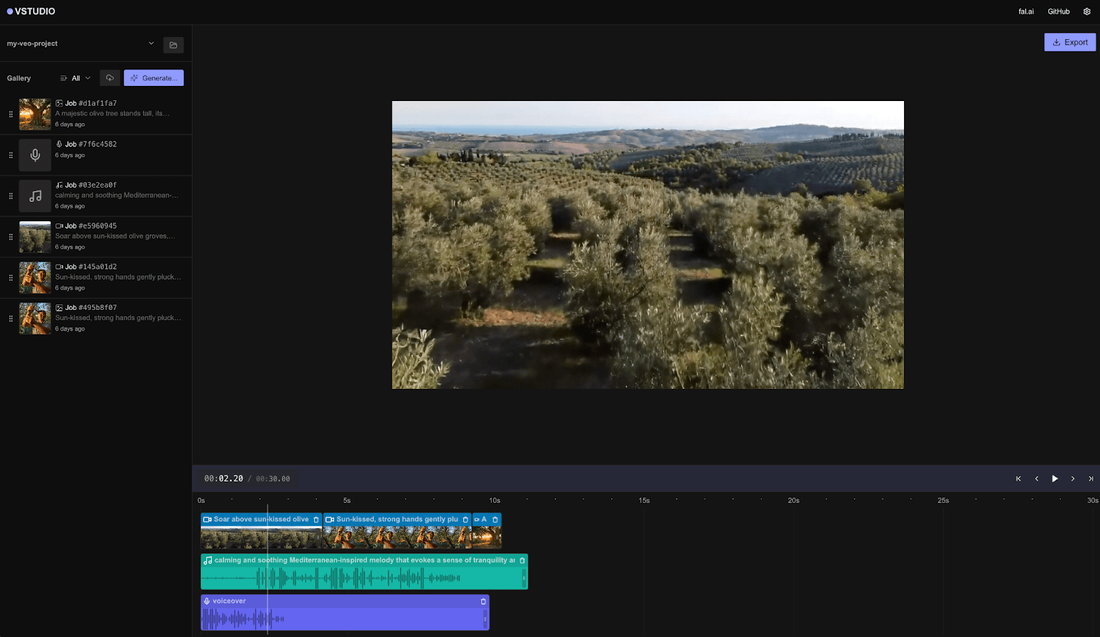 Interfaz de usuario de VSTUDIO, un editor de video en la plataforma de fal.ai, que muestra una vista previa de un video de un olivar. En un panel izquierdo, se muestra una galería de recursos y, debajo de la vista previa, una línea de tiempo multipista con clips de video, audio y voz en off.