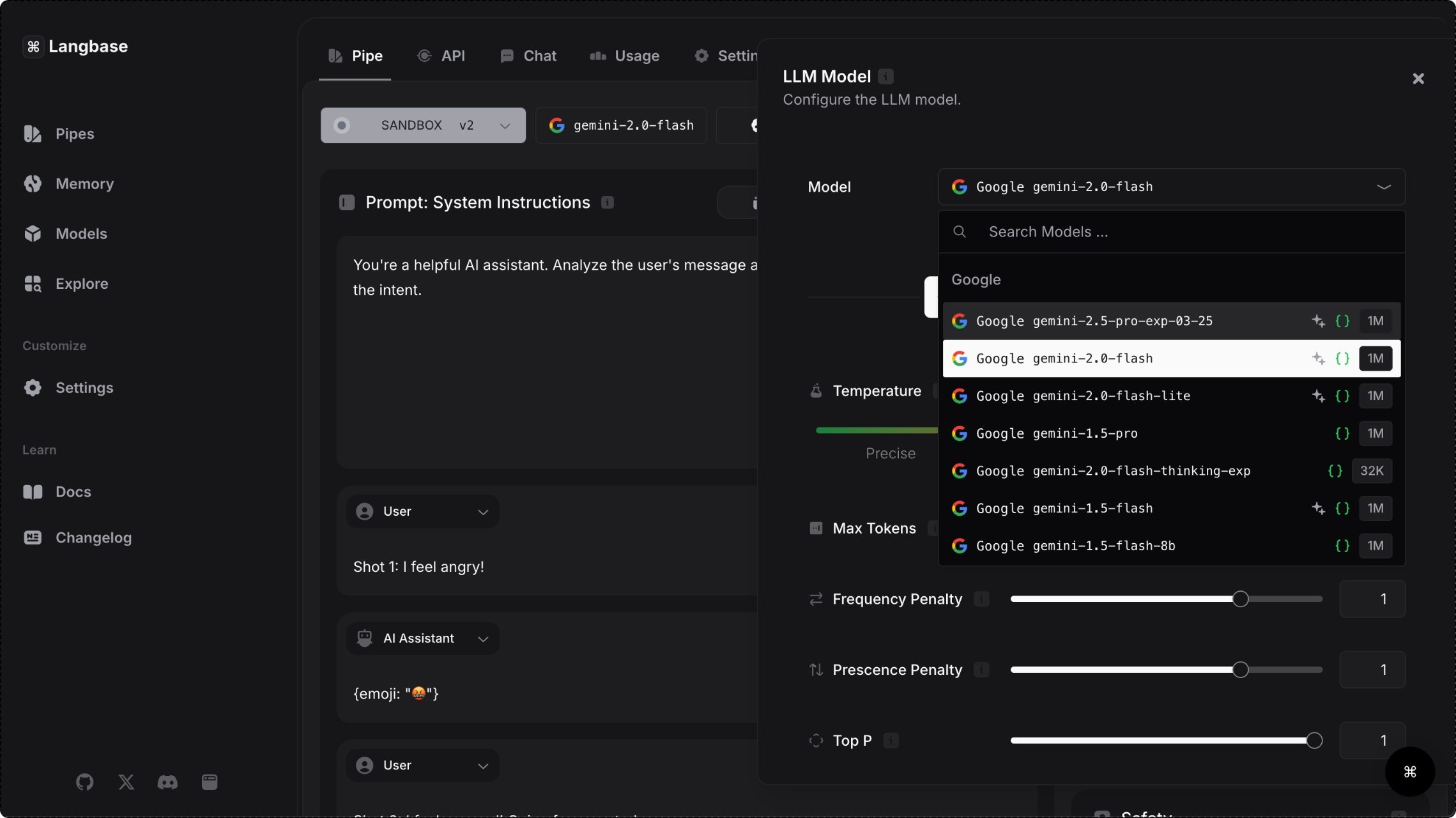 La plate-forme Langbase affiche différents modèles Gemini disponibles pour créer des agents de pipeline via l&#39;API Gemini.