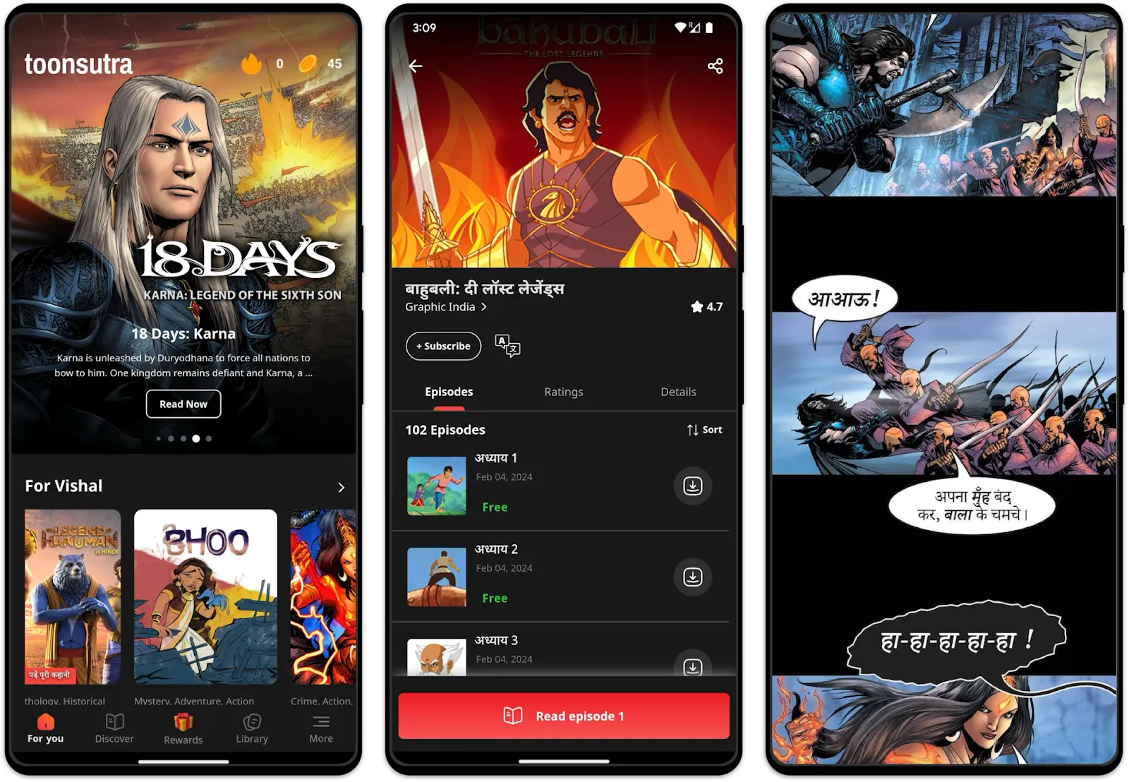 Three cards showing Toonsutra's comics and webtoons mobile experience