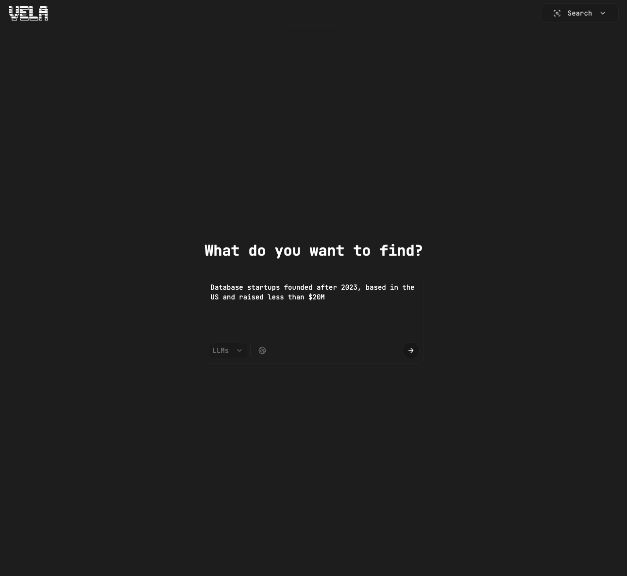 Screenshot der Vela-Suchoberfläche mit dem Drop-down-Menü mit Optionen für die Suche 
