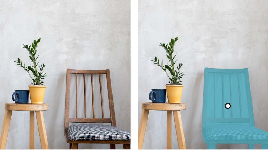 Images côte à côte montrant une photo d'une chaise sur une image, puis la même image avec la chaise mise en surbrillance pour indiquer que le modèle l'a détectée