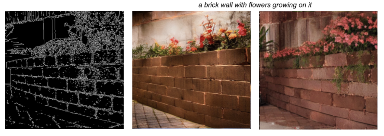 Example output of two generated images that use a provided condition image with a strong outline of bricks and the prompt 