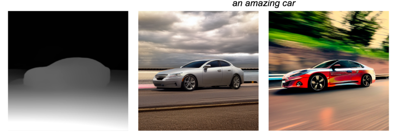 提供された条件画像（車の一般的な形状を示す）を使用して生成された 2 つの画像の出力例。Depth プラグインが平面画像に奥行きを追加する画像を作成できることを示しています