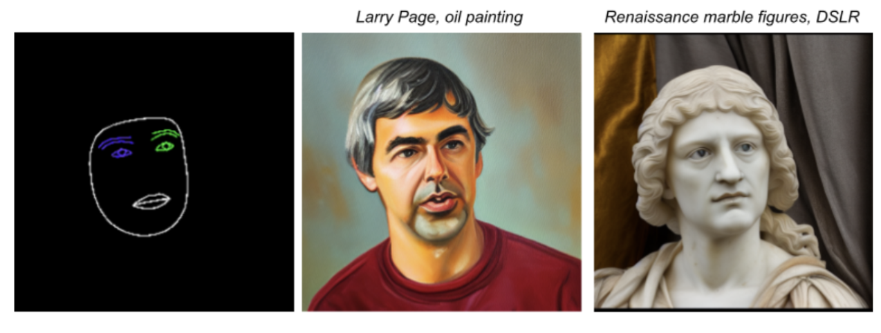 스케치된 얼굴의 제공된 조건 이미지와 두 개의 서로 다른 프롬프트를 사용하여 생성된 두 이미지의 출력 예시로, 동일한 조건 이미지를 사용하여 매우 다르게 보이는 이미지를 생성할 수 있음을 보여줍니다.