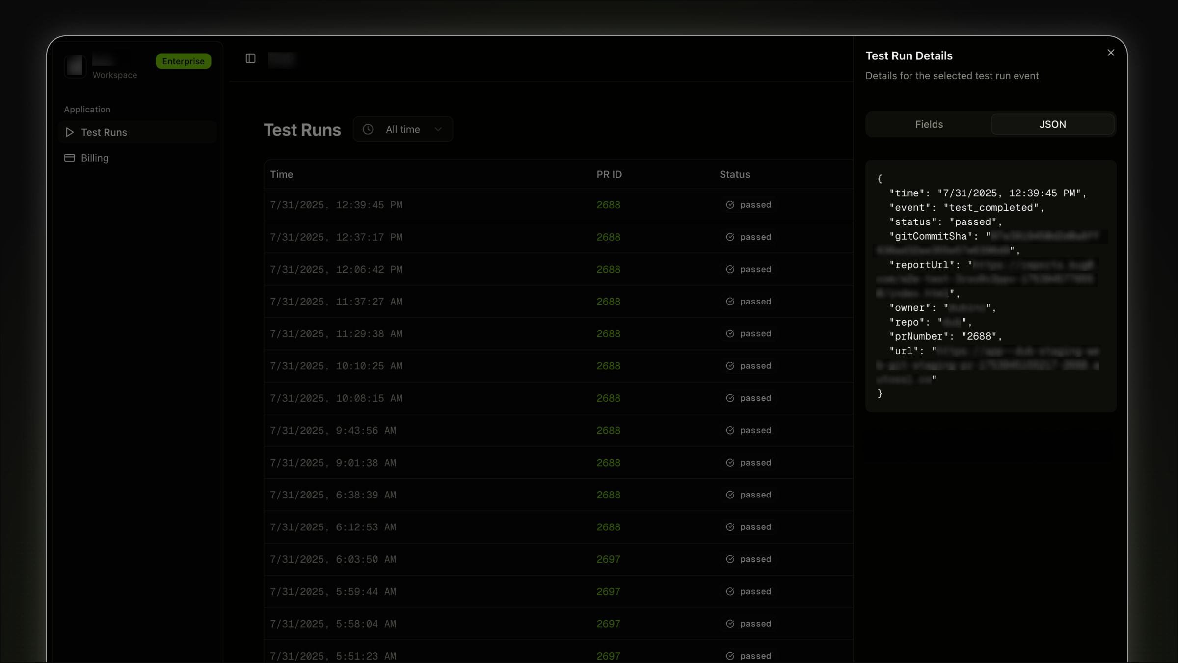 Détails de l'exécution du test du tableau de bord Bug0